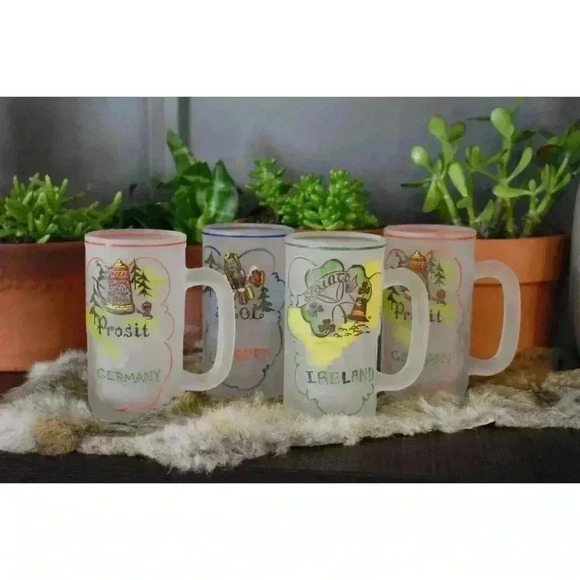 4 Frosted Beer Mugs Prosit Skol Ireland glass stein vintage barware European - Picture 1 of 9